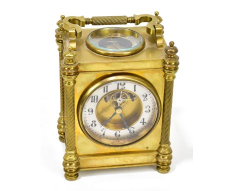A 19th century brass cased combination mantel clock/thermometer, with broken swan neck handle and wrythen columns, with centr