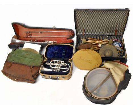 BOOSEY &amp; HAWKES; a Regent trombone, with a Lark trumpet (in poor condition), three cymbals, a snare drum, and a selection