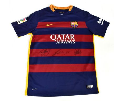 BARCELONA; a 2015/16 home shirt, signed to the front by Lionel Messi, Luis Suarez and Neymar Jr, size child's XL.Additional I