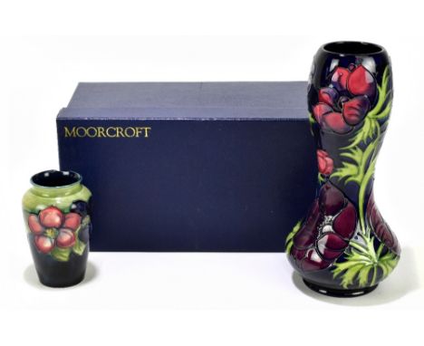 MOORCROFT; a modern double gourd shaped vase decorated in the 'Anemone' pattern on a blue ground, height 29cm, together with 