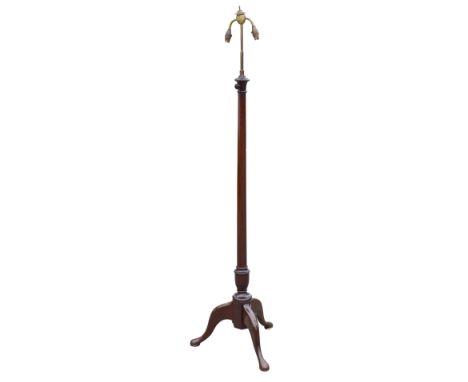 An early 20th century mahogany rise and fall standard lamp on tripod base, height fitting 183cm.