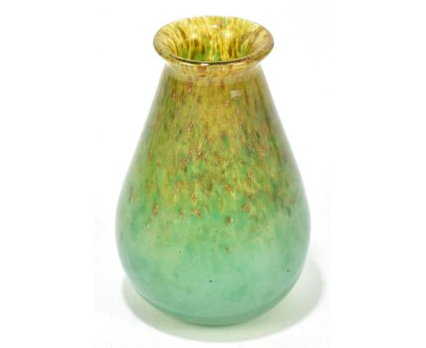 MONART; an art glass vase of tapering cylindrical form internally decorated with aventurine and a mottled green/brown colour,