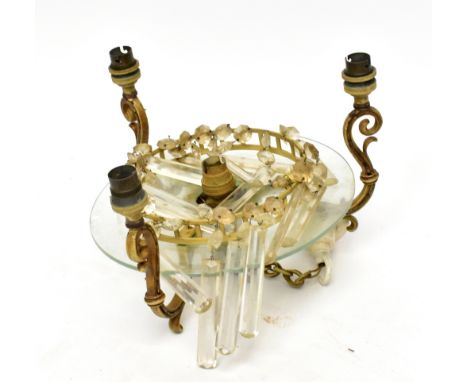 A painted metal and glass three branch ceiling light, hung with lustre drops, diameter 27cm.