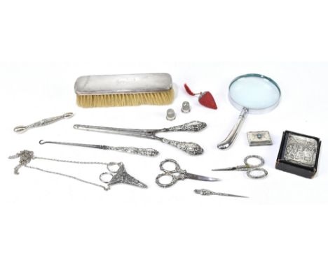 A sterling silver mounted five piece sewing kit, with a hallmarked silver thimble, a hallmarked silver mounted diary, hallmar