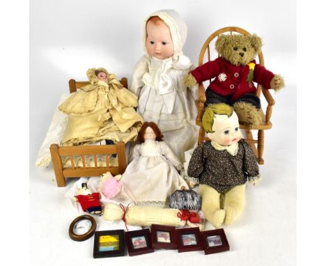 A collection of modern dolls, dolls' house furniture, teddies, etc, including a modern Steiff bear on wheels, modern collecto