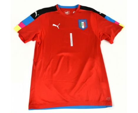 GIANLUIGI BUFFON; a red Italian football shirt, signed to the reverse, size L.Additional InformationCreasing and light genera