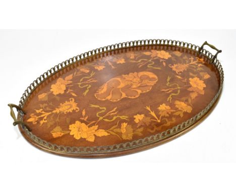 An Edwardian marquetry inlaid mahogany twin handled butler's tray, with applied brass gallery and handles, width 67cm.&nbsp;A