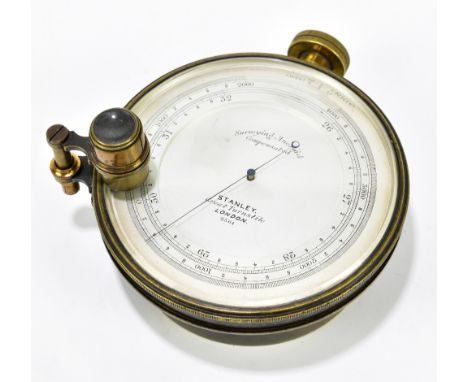 STANLEY GREAT TURNSTILE LONDON; a compensated surveying aneroid barometer, in black lacquered case with silvered dial, no.256