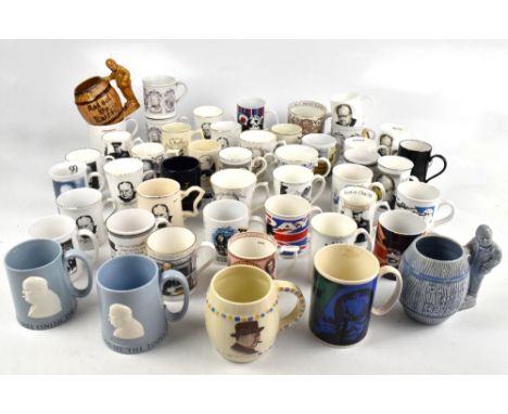 WINSTON CHURCHILL; a collection of decorative mugs, to include two Wedgwood Etruria blue mugs decorated with a bust of&nbsp;C