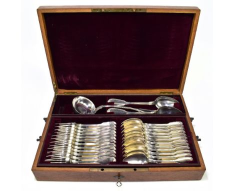 An oak cased table canteen of 800 grade silver cutlery comprising serving ladle, a pair of serving spoons, twelve dinner spoo