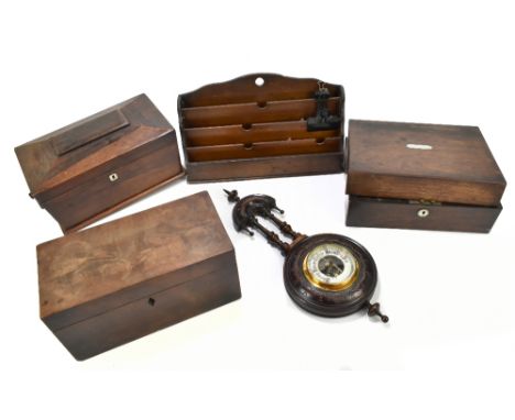 A Victorian rosewood tea caddy, the hinged cover enclosing a fitted compartment, a Victorian rosewood writing slope, a mahoga