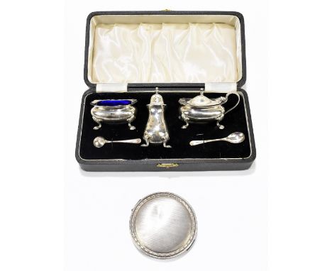 SYNYER &amp; BEDDOES; a George VI hallmarked silver three piece cruet, Birmingham 1942, boxed, together with a hallmarked sil