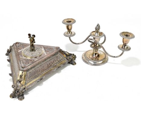 ELKINGTON &amp; CO; a Victorian silver plated table snuff of triangular form in the Chinese style with cast decoration and a 