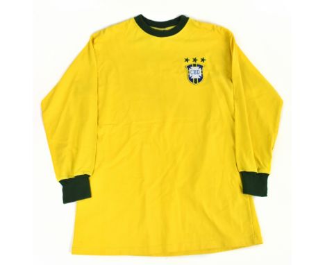 PELÉ (EDSON ARANTES DU NASCIMENTO); a Toffs long sleeve Brazil shirt, signed to the reverse and inscribed 'good luck', size X