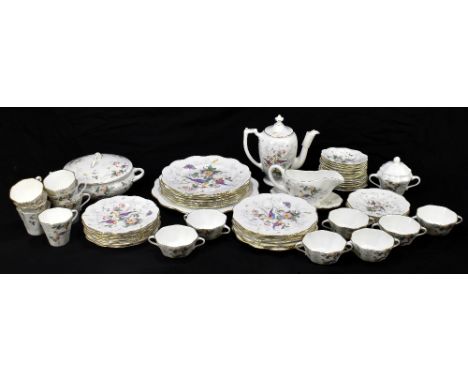 COALPORT; a 'Tulip Tree' pattern part dinner and coffee service comprising one large serving dish, seven dinner plates, seven