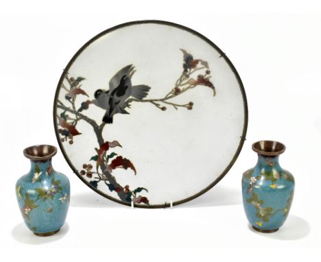 A Japanese cloisonné wall charger decorated with birds perching on a branch, diameter 36cm, together with a pair of Chinese c