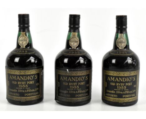 PORT; three bottle of Amandio's Old Ruby port, 1955, the labels to the back stated 'Bottled in 1973' (3)&nbsp;