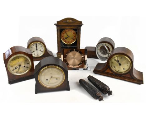 A group of mantel clocks including three oak examples (5).
