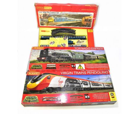 HORNBY; a OO gauge 'Virgin Trains Pendolino' train set, R1155, with a Tornado Express set, R1225, and an R.504 Inter City Exp