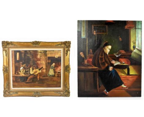 AFTER DAVID TENIERS; oil on canvas, 'Musical Group', 34 x 44.5cm, framed, with an unframed oil on canvas, study of a Chinese 