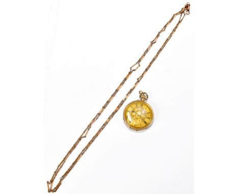 A 14ct yellow gold crown wind fob watch, with engine turned decoration to the case back, the face with circular chapter dial,