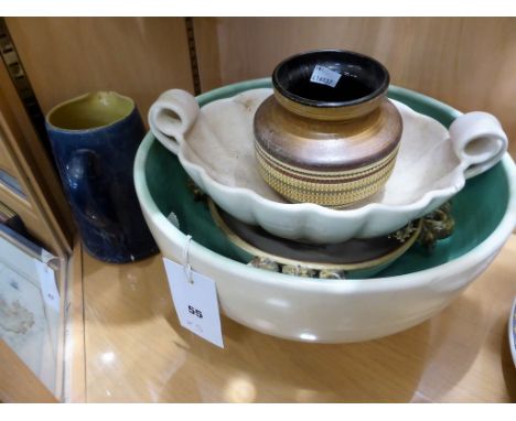 Two Denby bowls and a jug; a Brannam pottery bowl plus a german ceramic pot. (5)   