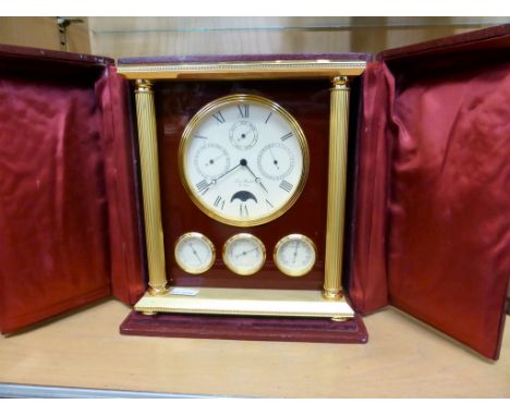 A Jean Roulet brass and enamel cased table clock with full calender, moon phase, hygrometer, barometer and thermometer 