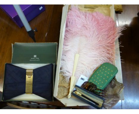 A vintage pink ostrich fan, Mappin &amp; Webb bow clutch and vintage cheroot holder with flower finial all in original boxes 