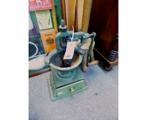 An antique coffee grinder, wash dolly and hunting horn by Besson &amp; Co (3) 