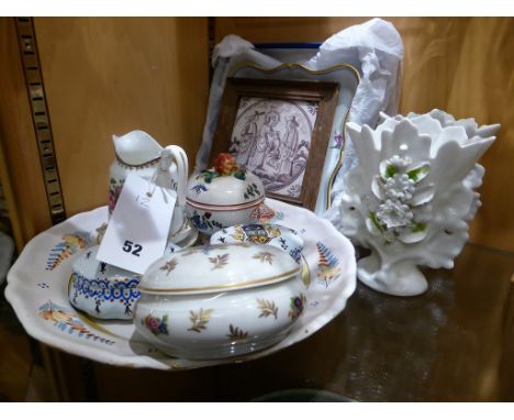 A Dutch Delft tile + faience tin glazed pieces, a Dresden leaf dish + Limoges etc (12) 