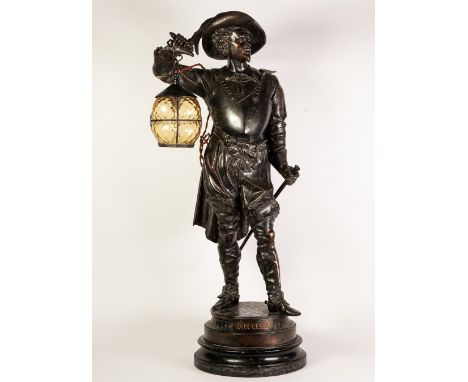 VICTORIAN PATINATED SPELTER 'DON CESAR' MUSKETEER PATTERN FLOOR LAMP, modelled standing with sword drawn (now missing) and ho
