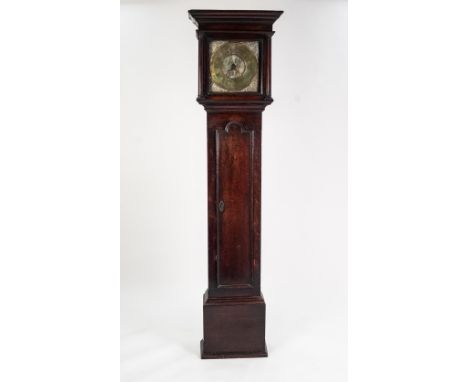 EIGHTEENTH CENTURY OAK LONGCASE CLOCK SIGNED WOLLEY CODNOR, the 11" brass dial with date aperture to the scroll engraved cent