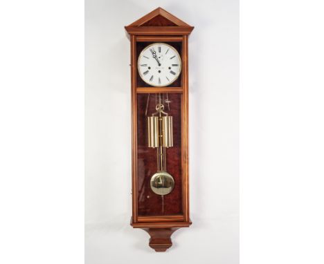 MODERN HERMLE & SOHN WALNUT AND LINE INLAID VIENNA TYPE WALL CLOCK, the 7 ½" dial with subsidiary seconds dial to the centre,
