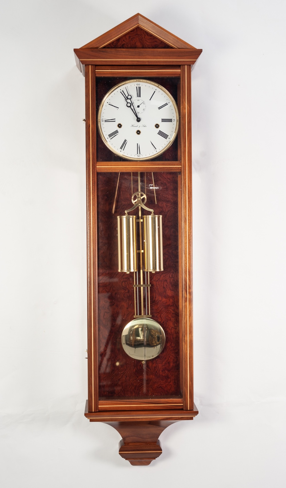 MODERN HERMLE & SOHN WALNUT AND LINE INLAID VIENNA TYPE WALL CLOCK, the