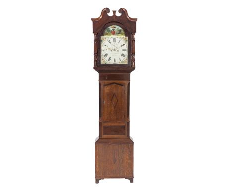 EARLY NINETEENTH CENTURY OAK AND MAHOGANY LONGCASE CLOCK SIGNED GIBSON S MARSON, ALFRETON, the 13" painted dial with subsidia