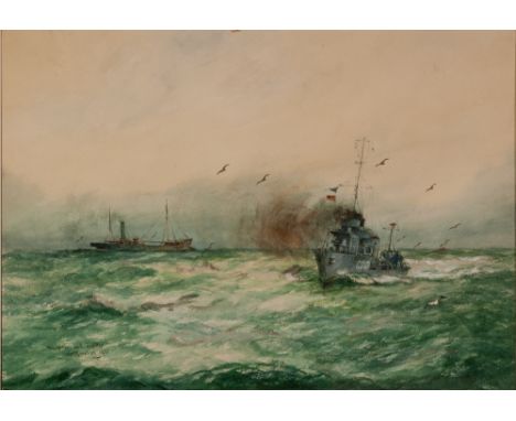 WILLIAM MINSHALL BIRCHALL (1884-1941) WATERCOLOUR DRAWING 'Freighter and Fighter', cargo ship and light cruiser Signed, title
