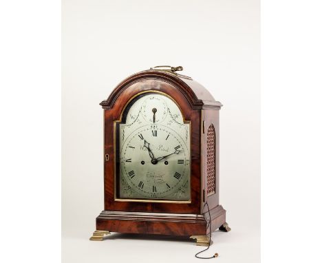 GEORGE III FIGURED MAHOGANY AND BRASS TABLE CLOCK WITH PULL REPEAT, SIGNED 'WILLIAM BLACK, LONDON, the 7" silvered dial with 