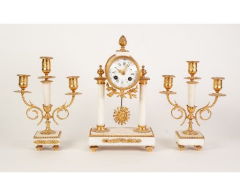 FRENCH GILT METAL AND ALABASTER THREE PIECE PORTICO CLOCK GARNITURE, the clock with 3 ¼" white enamelled dial painted with fl