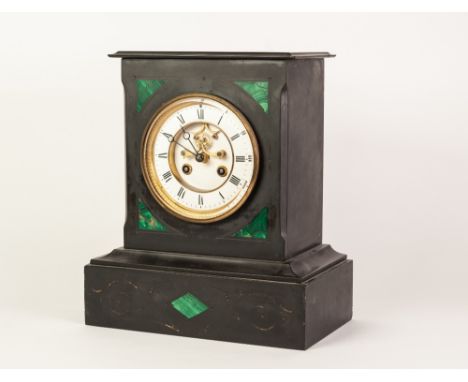 EARLY TWENTIETH CENTURY BLACK SLATE MANTLE CLOCK, the 4 ¾" two part Roman dial with visible brocot escapement, powered by a d