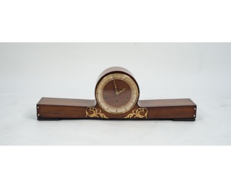 A 20TH CENTURY MAHOGANY NAPOLEON STYLE MANTLE CLOCK, having three train German movement, cream gradient chapter ring with bra
