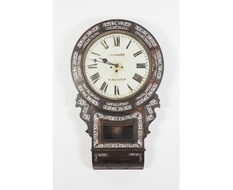 VICTORIAN MOTHER OF PEARL INLAID ROSEWOOD DROP DIAL WALL CLOCK, SIGNED J.W. RHODES, MANCHESTER, the 13 ½" Roan dial powered b