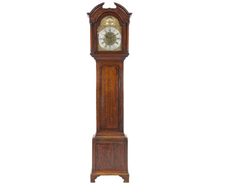 LATE EIGHTEENTH CENTURY OAK AND MAHOGANY CROSSBANDED LONGCASE CLOCK SIGNED A. HUTCHINSON, LEEDS, the 12" brass dial with silv