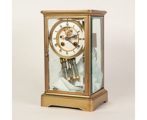 EARLY TWENTIETH CENTURY FRENCH FOUR GLASS BRASS MANTLE CLOCK WITH MERCURY PENDULUM, of typical form, the 3 ½" Roma dial with 