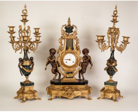 IMPRESSIVE EARLY NINETEENTH CENTURY STYLE REPRODUCTION GILT METAL AND HARDSTONE 'IMPERIAL' THREE PIECE CLOCK GARNITURE, the c