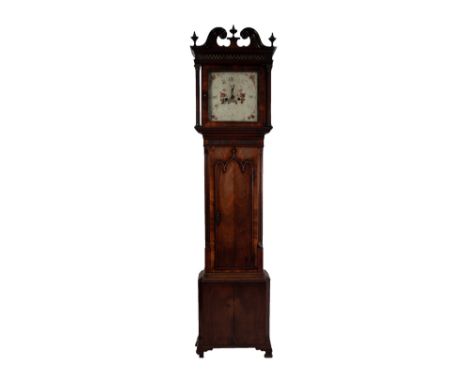 EARLY NINETEENTH CENTURY MAHOGANY LONG CASE CLOCK SIGNED JNo WINSTANLEY, HOLYWELL, the 13" painted dial with subsidiary secon