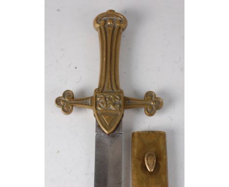 An M1856 Drummer's sword, having a 48cm double edged blade with brass hilt and grip bearing VR cypher, housed in a brass moun