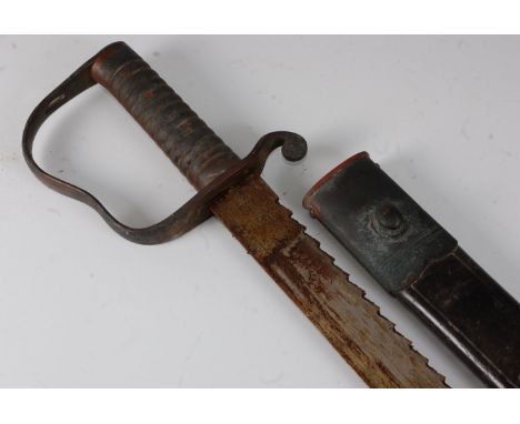 An 1856 pattern Pioneer sword the 57cm saw back blade stamped the forte Watts with various ordnance marks, having a ribbed br