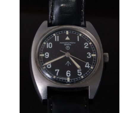 A gentleman's Hamilton military issue steel cased wristwatch, having a black dial with Arabic numerals, luminous dot markers 