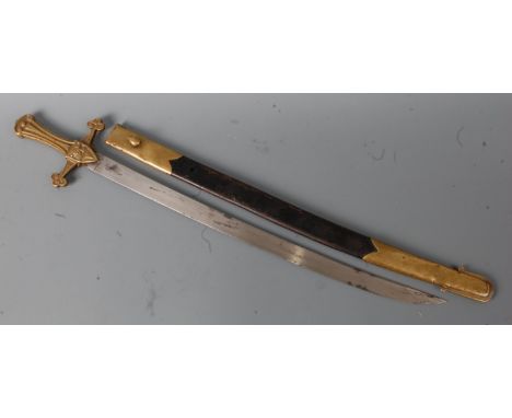 A Victorian Bandsman Sergeants sword, having a 54cm curved blade and brass hilt with VR cypher, housed in a brass mounted lea