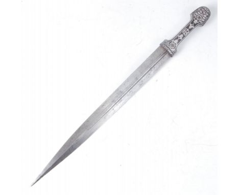 An Indo-Persian dagger, having a 35cm double edged blade and white metal floral inlaid handle, 47cm.